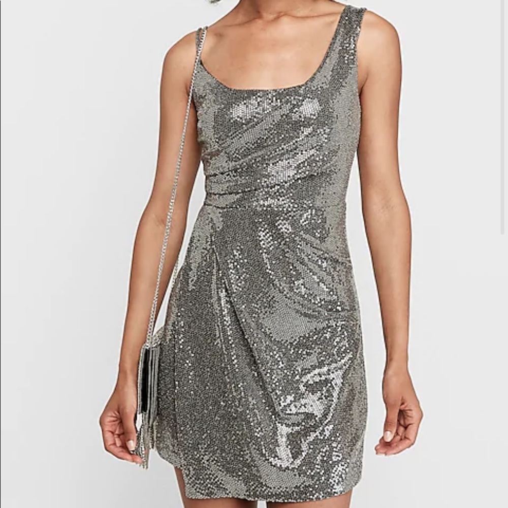 Express Metallic Silver Sequin Scoop Mini Dress